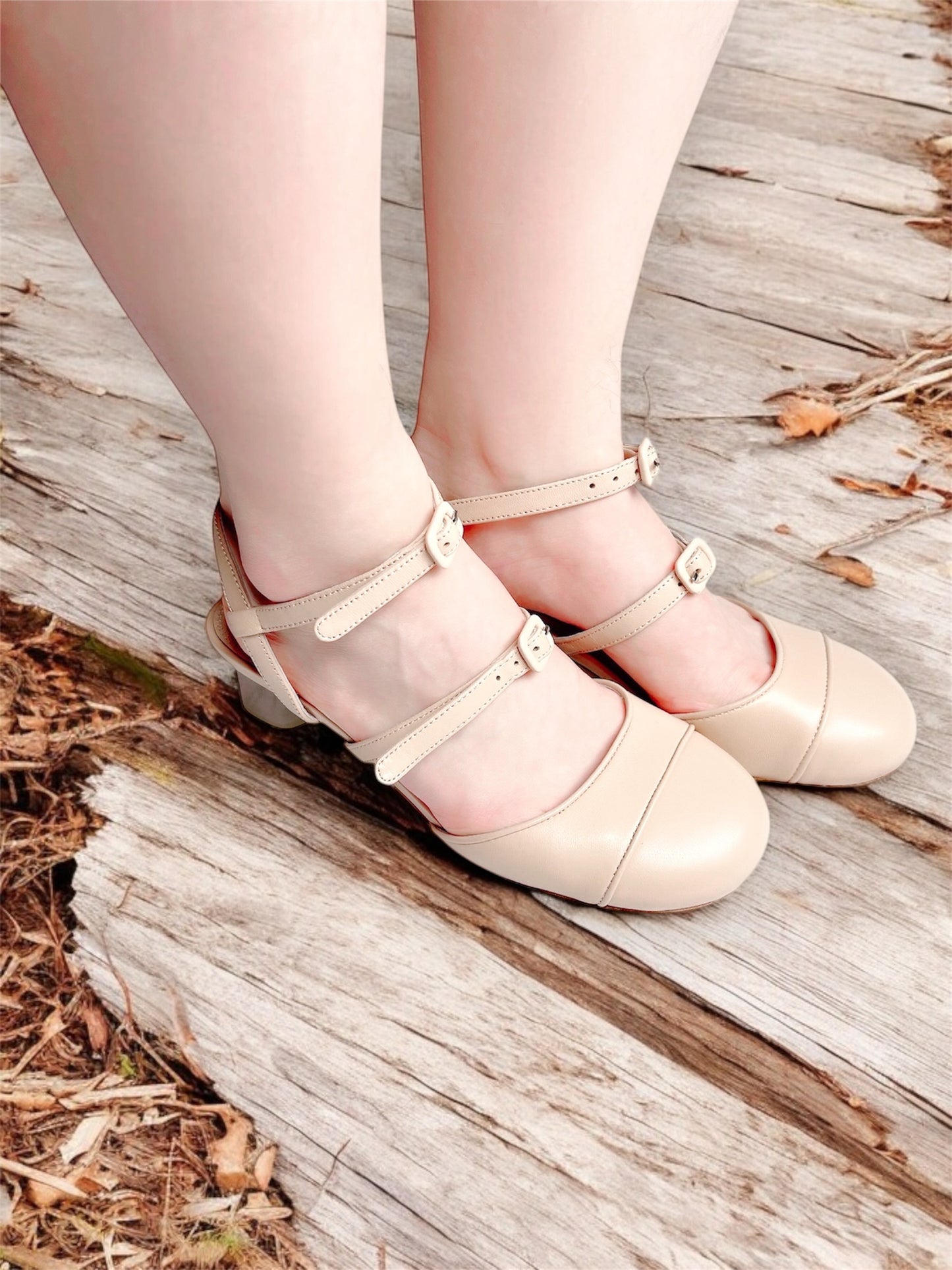 Beige leather shoes, timeless pump sandals. Leather buckles. Perspex crystal heels, vintage inspired