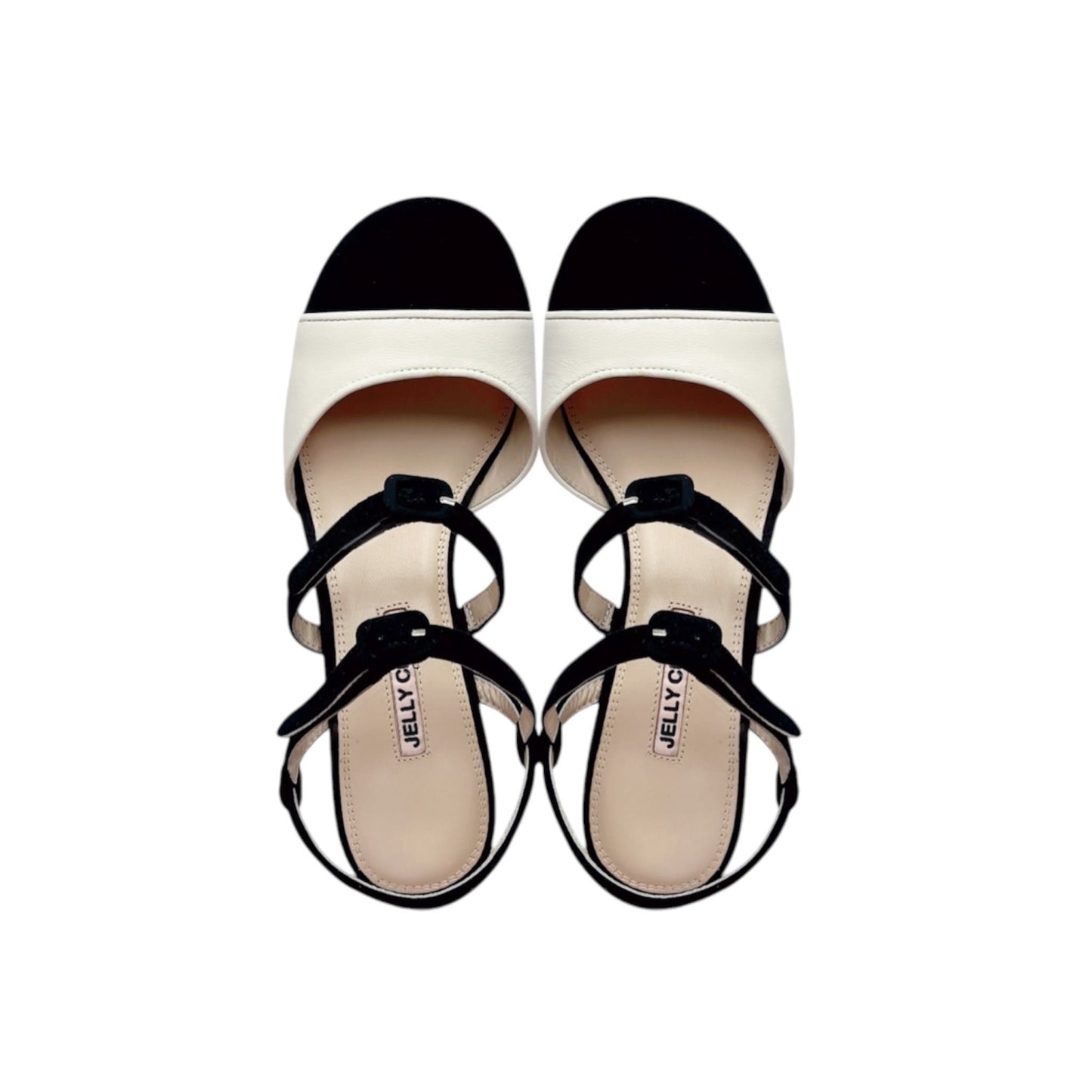 Black white, colour block leather shoes, vintage inspired pump sandals. Leather covered buckles.