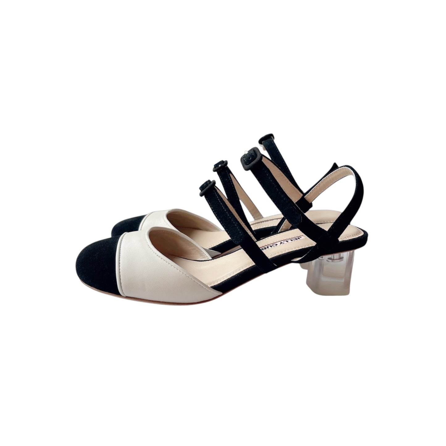 Black white colour block sandals, leather covered buckles. Perspex crystal heels, vintage inspired shoes.