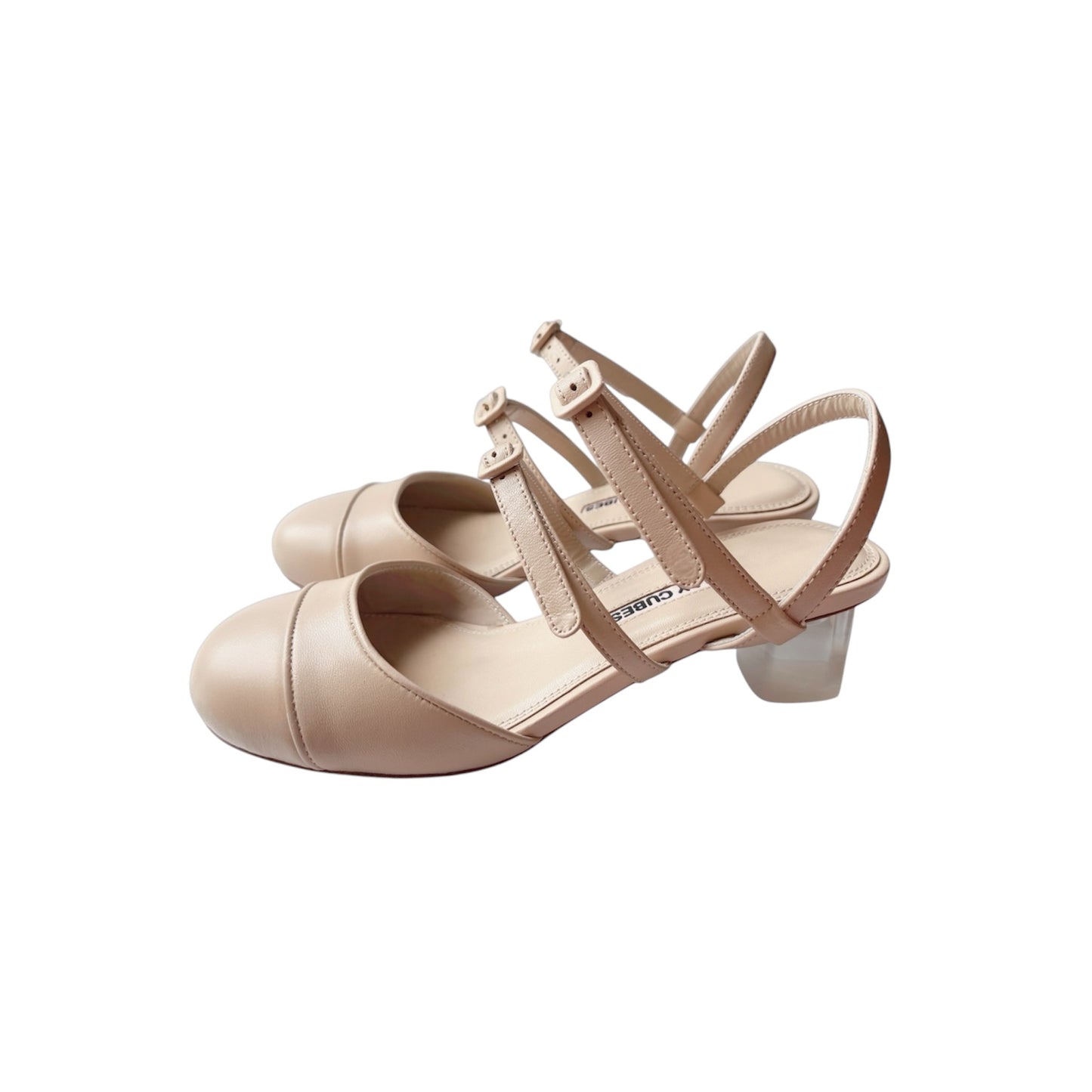 Beige leather shoes, timeless, pump, Leather buckles. Perspex crystal heels, vintage inspired