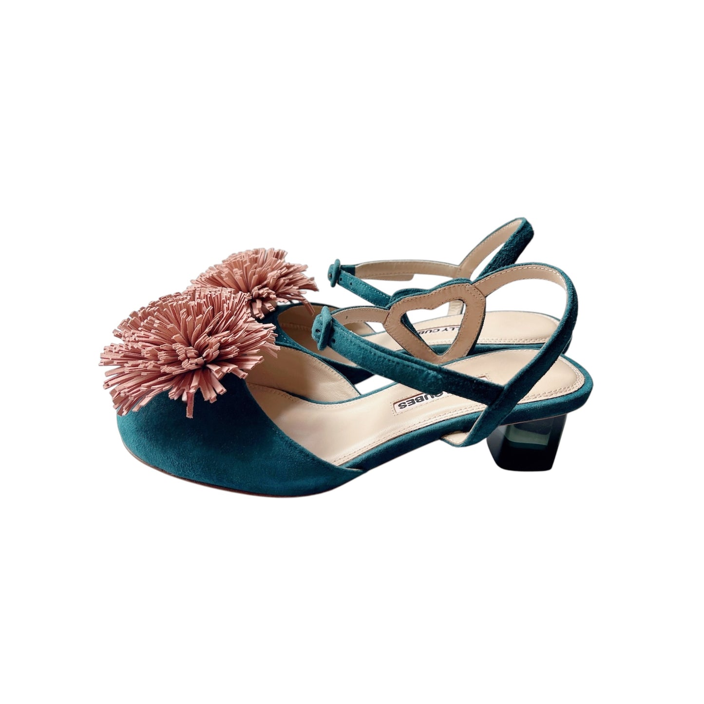 Leather Green suede sandals, decorative pompom, coloured crystal heels vintage style
