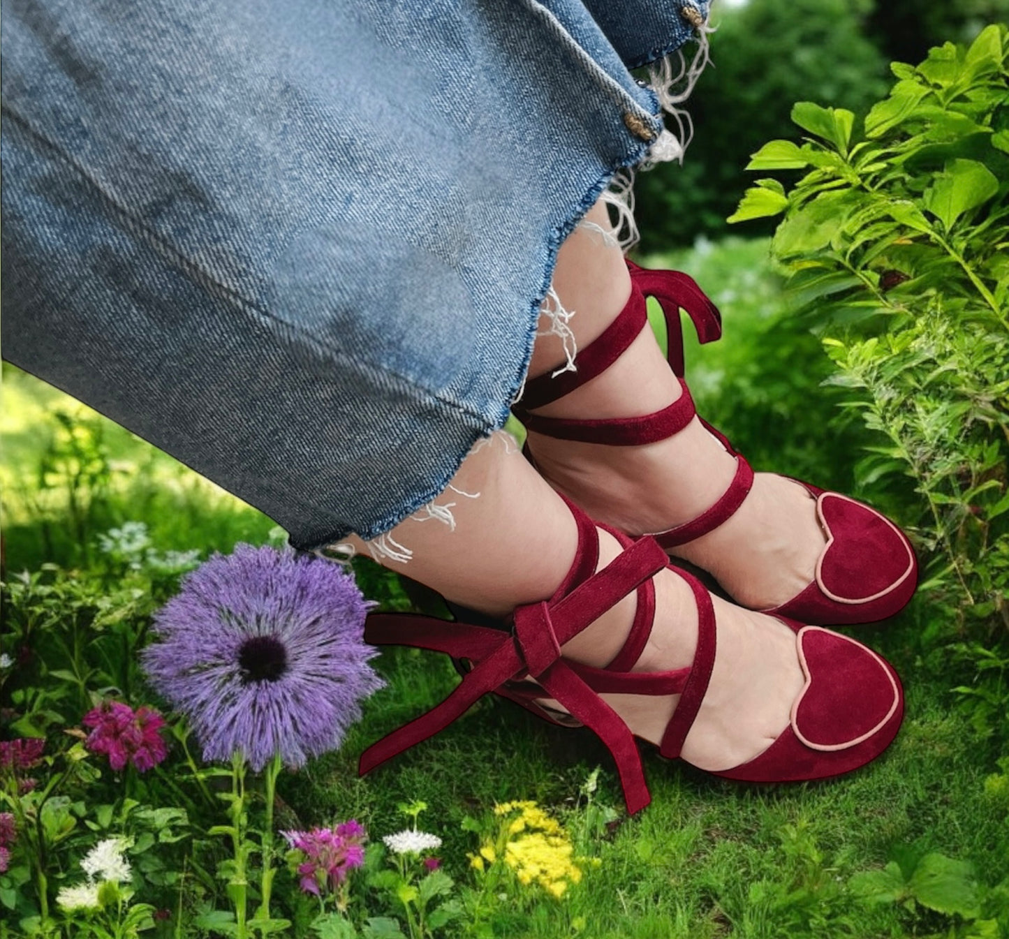 Red burgundy shoes, ankle ties, suede leather