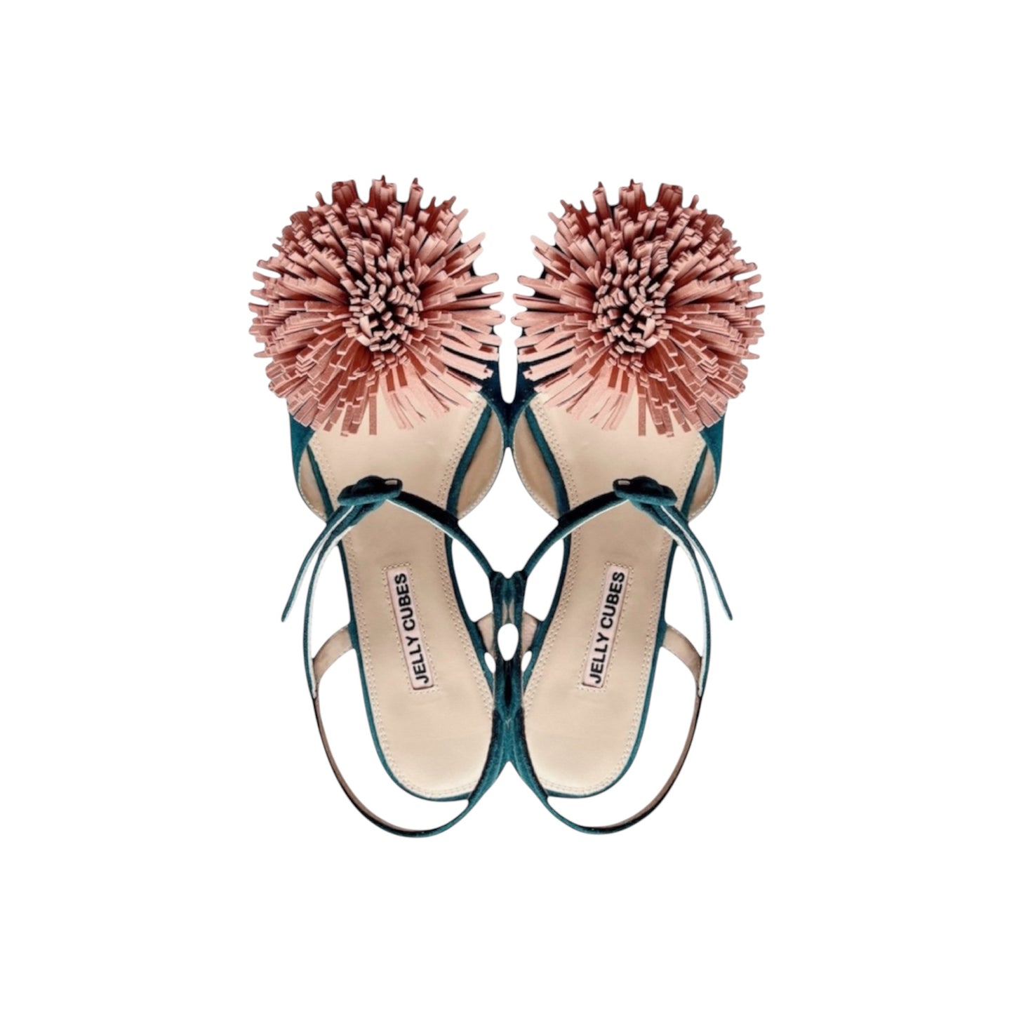 Green Suede Pump sandals with Pom-pom, centred buckles, crystal Perspex heels