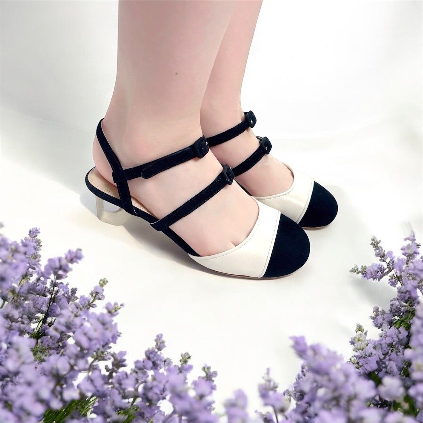 Colour block shoes, vintage inspired. Leather covered buckles, pipped edging. Crystal heels