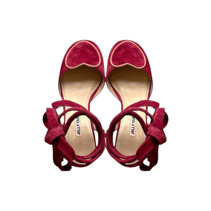 Suede Leather shoes, Burgundy red Pump sandals with Ties, Perspex heels. 