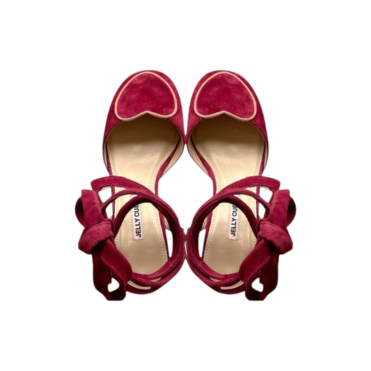 Suede Leather shoes, Burgundy red Pump sandals with Ties, Perspex heels. 