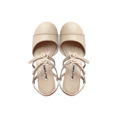 Beige leather shoes, timeless, pump sandals, Leather buckles, Perspex crystal heels, vintage inspired
