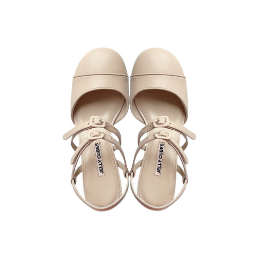 Beige leather shoes, timeless, pump sandals, Leather buckles, Perspex crystal heels, vintage inspired