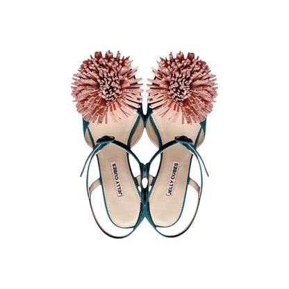 Green Suede Pump sandals with Pom-pom, centred buckles, crystal Perspex heels