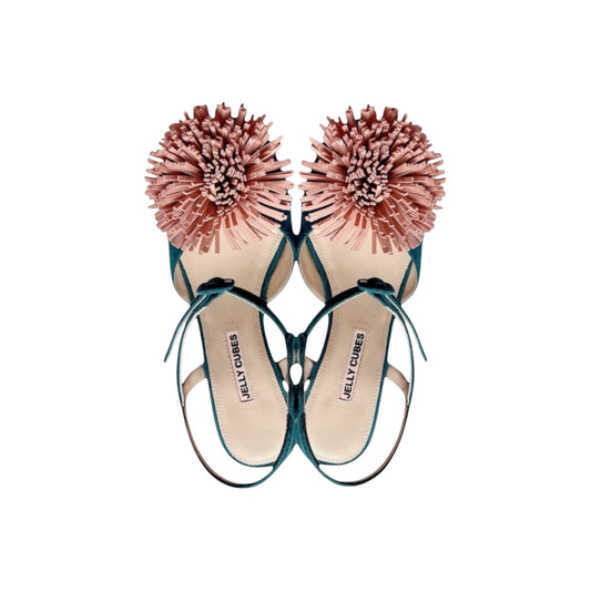 Green Suede Pump sandals with Pom-pom, centred buckles, crystal Perspex heels
